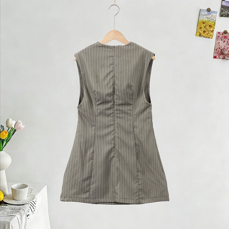 Casual Stripe Sleeveless Mini Dresses Women's Slim Waist-cinching V-neck Dress 2026 New Ladies Spring Summer Solid Outwear