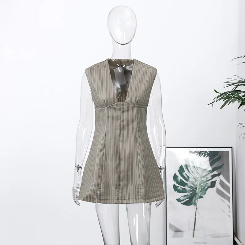 Casual Stripe Sleeveless Mini Dresses Women's Slim Waist-cinching V-neck Dress 2026 New Ladies Spring Summer Solid Outwear