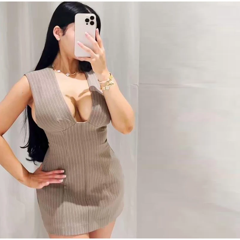 Casual Stripe Sleeveless Mini Dresses Women's Slim Waist-cinching V-neck Dress 2026 New Ladies Spring Summer Solid Outwear