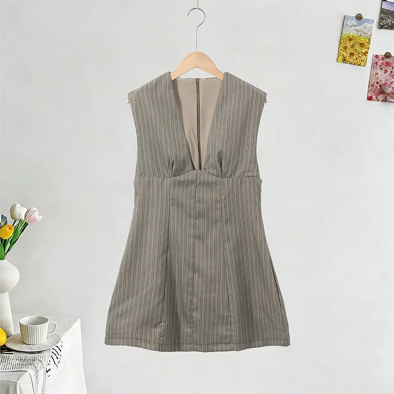 Casual Stripe Sleeveless Mini Dresses Women's Slim Waist-cinching V-neck Dress 2026 New Ladies Spring Summer Solid Outwear