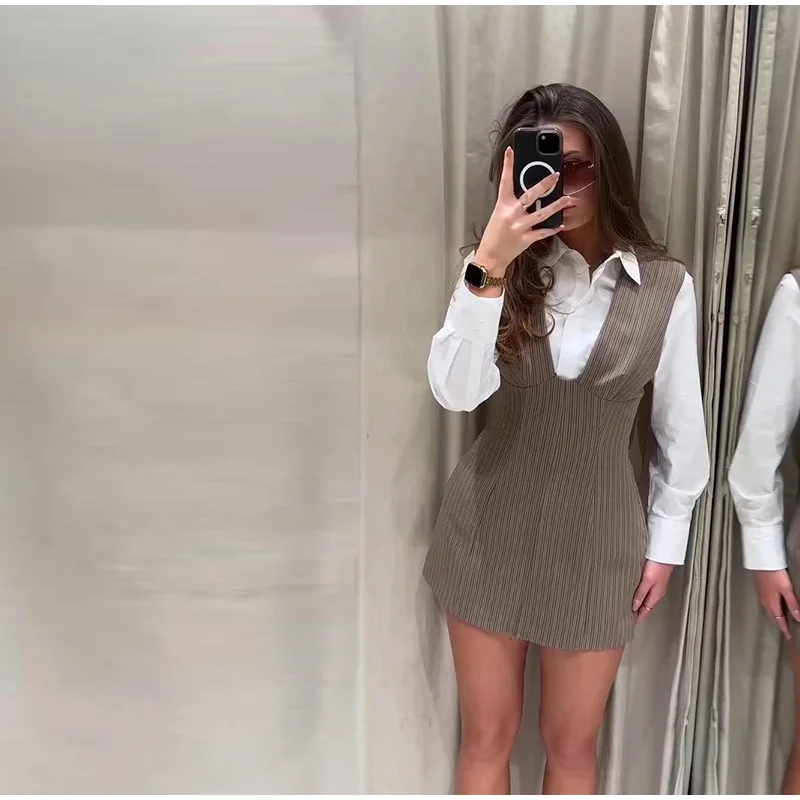 Casual Stripe Sleeveless Mini Dresses Women's Slim Waist-cinching V-neck Dress 2026 New Ladies Spring Summer Solid Outwear