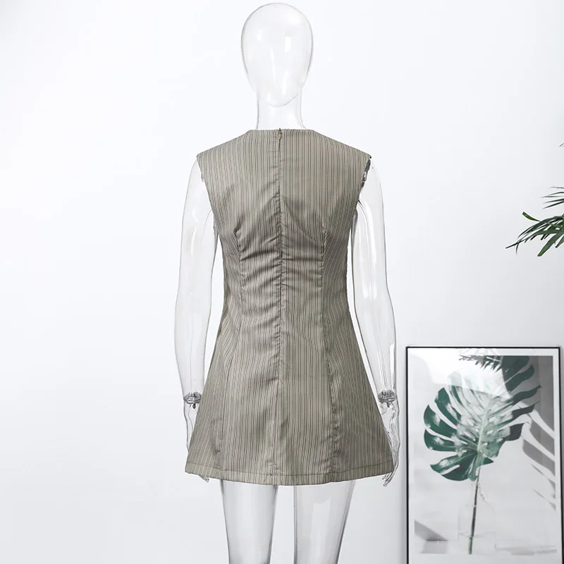 Casual Stripe Sleeveless Mini Dresses Women's Slim Waist-cinching V-neck Dress 2026 New Ladies Spring Summer Solid Outwear