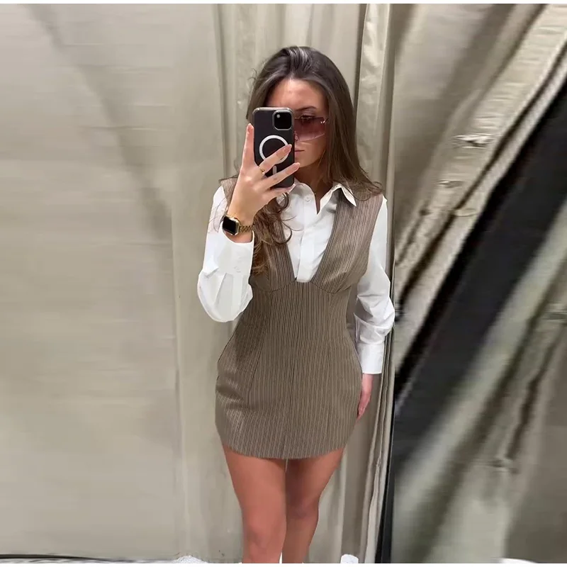 Casual Stripe Sleeveless Mini Dresses Women's Slim Waist-cinching V-neck Dress 2026 New Ladies Spring Summer Solid Outwear