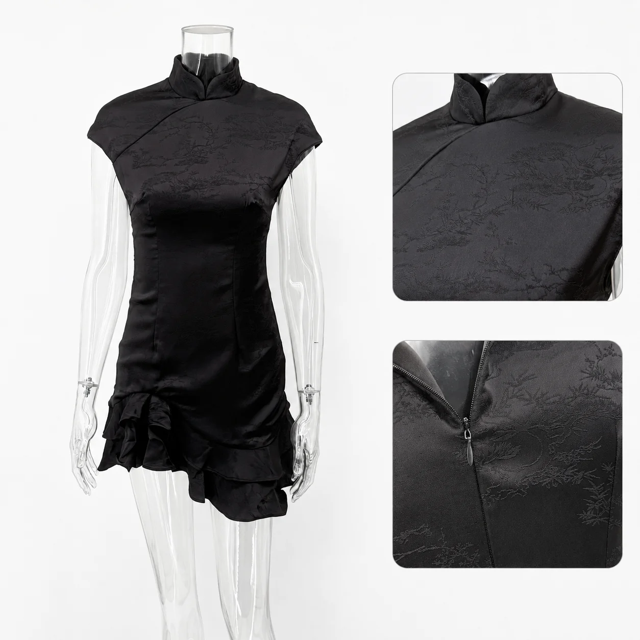 Trendix Women's Elegant Satin Evening Dress Fashion Stand Neck High Waist Slim Mini Dresses Party Sexy Short Sleeve Ruffle Dress