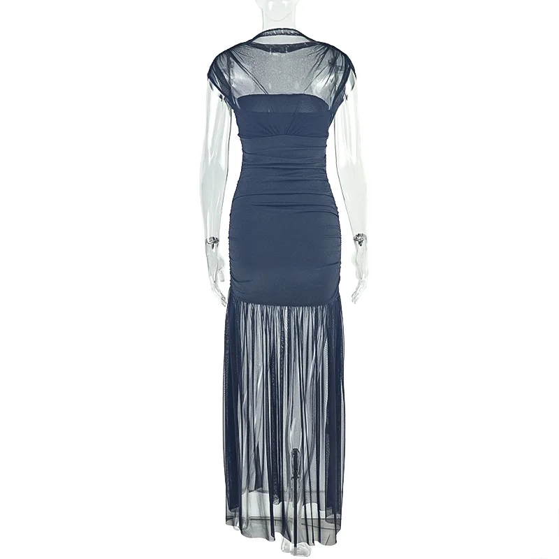 Kliou Mesh Patchwork Dress Woman Turtleneck Sleeveless Skinny High Waist Wrap Hip Midnight Prom Party Ruched Elegant Vestidos