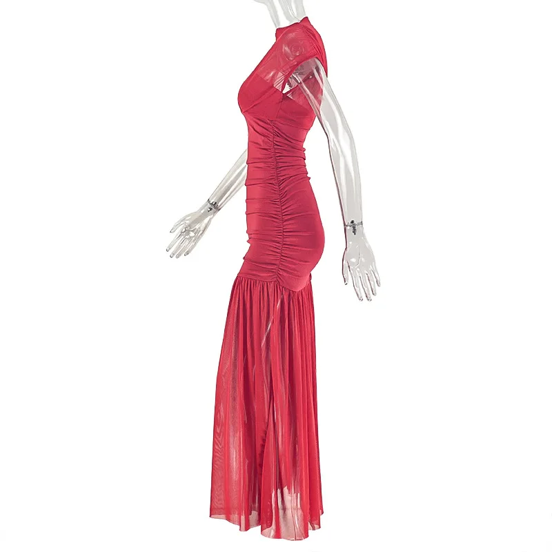 Kliou Mesh Patchwork Dress Woman Turtleneck Sleeveless Skinny High Waist Wrap Hip Midnight Prom Party Ruched Elegant Vestidos