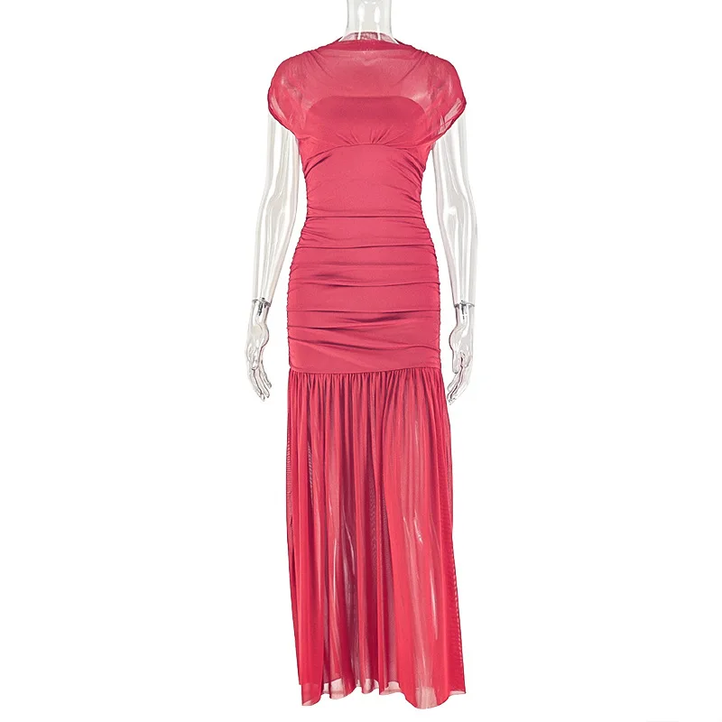 Kliou Mesh Patchwork Dress Woman Turtleneck Sleeveless Skinny High Waist Wrap Hip Midnight Prom Party Ruched Elegant Vestidos