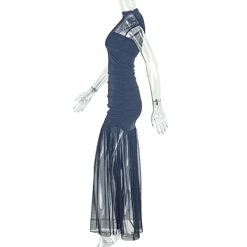 Kliou Mesh Patchwork Dress Woman Turtleneck Sleeveless Skinny High Waist Wrap Hip Midnight Prom Party Ruched Elegant Vestidos