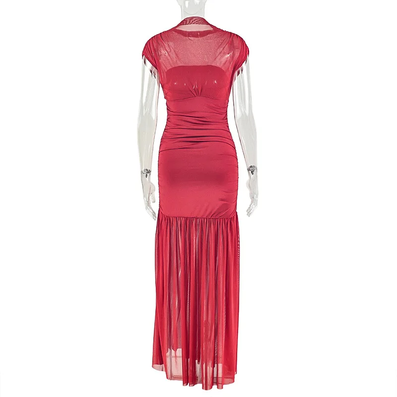 Kliou Mesh Patchwork Dress Woman Turtleneck Sleeveless Skinny High Waist Wrap Hip Midnight Prom Party Ruched Elegant Vestidos
