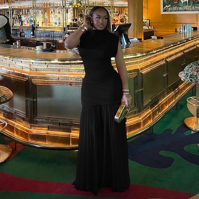 Kliou Mesh Patchwork Dress Woman Turtleneck Sleeveless Skinny High Waist Wrap Hip Midnight Prom Party Ruched Elegant Vestidos