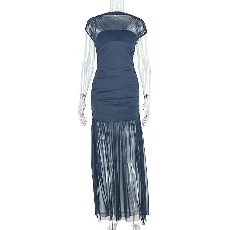 Kliou Mesh Patchwork Dress Woman Turtleneck Sleeveless Skinny High Waist Wrap Hip Midnight Prom Party Ruched Elegant Vestidos