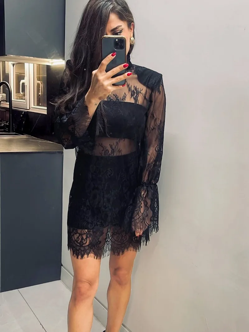 Trendix Sheer Lace Dress For Women's Club Sexy See Through Long Sleeve Mini Dresses Party Elegant Beach Sexy Cover Up Dress 2026