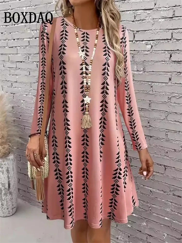 2025 New Autumn Women’s Long Sleeve Dress Casual O-Neck Mini Dresses Fashion Elegant Colorful Striped 3D Printed A-Line Dresses
