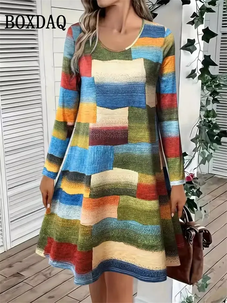 2025 New Autumn Women’s Long Sleeve Dress Casual O-Neck Mini Dresses Fashion Elegant Colorful Striped 3D Printed A-Line Dresses