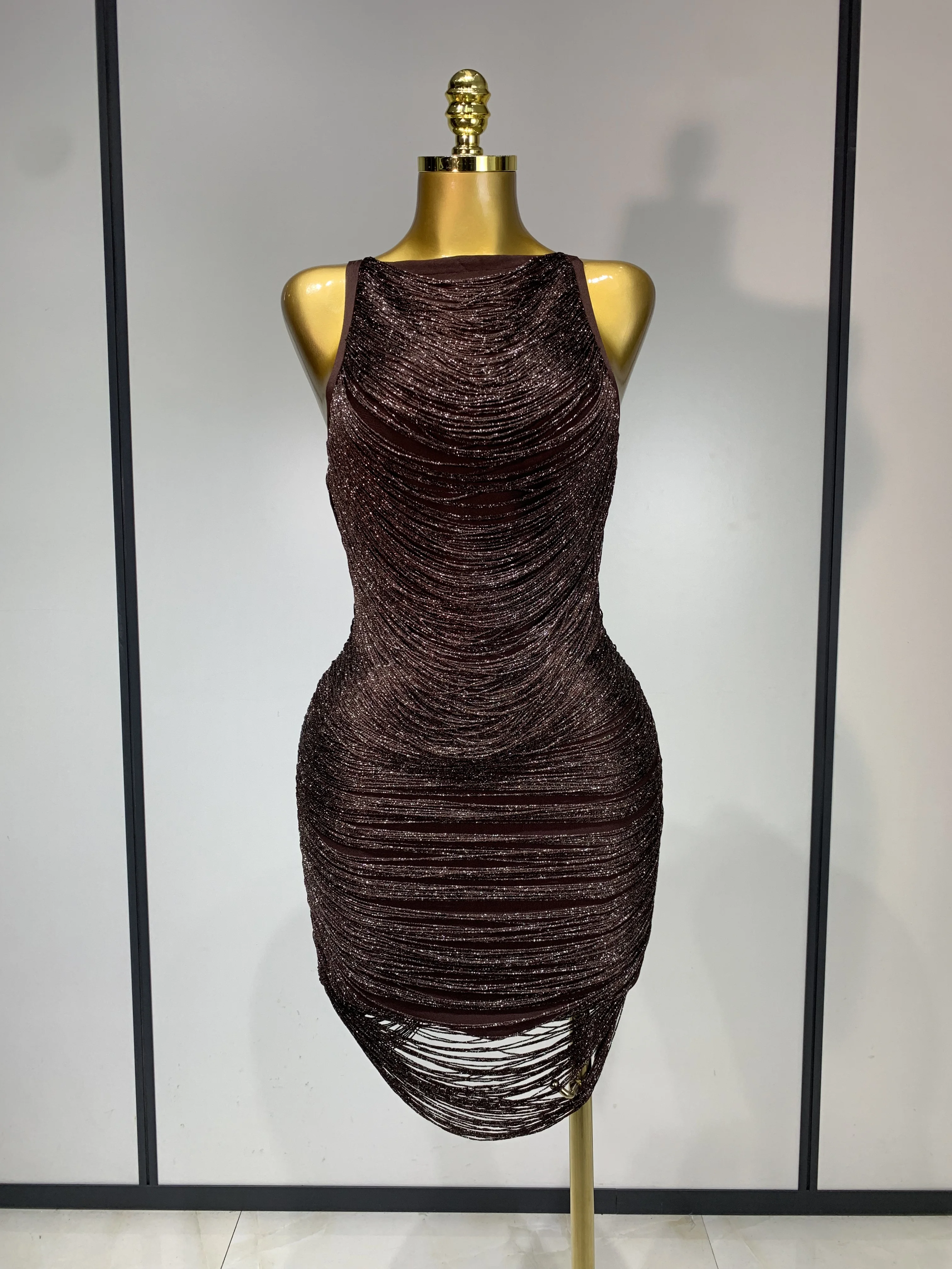 Women Sexy O Neck Sleeveless Gradient Tassel Mini Bodycon Bandage Dress Celebrity Elegant Evening Club Party Cocktail Dress