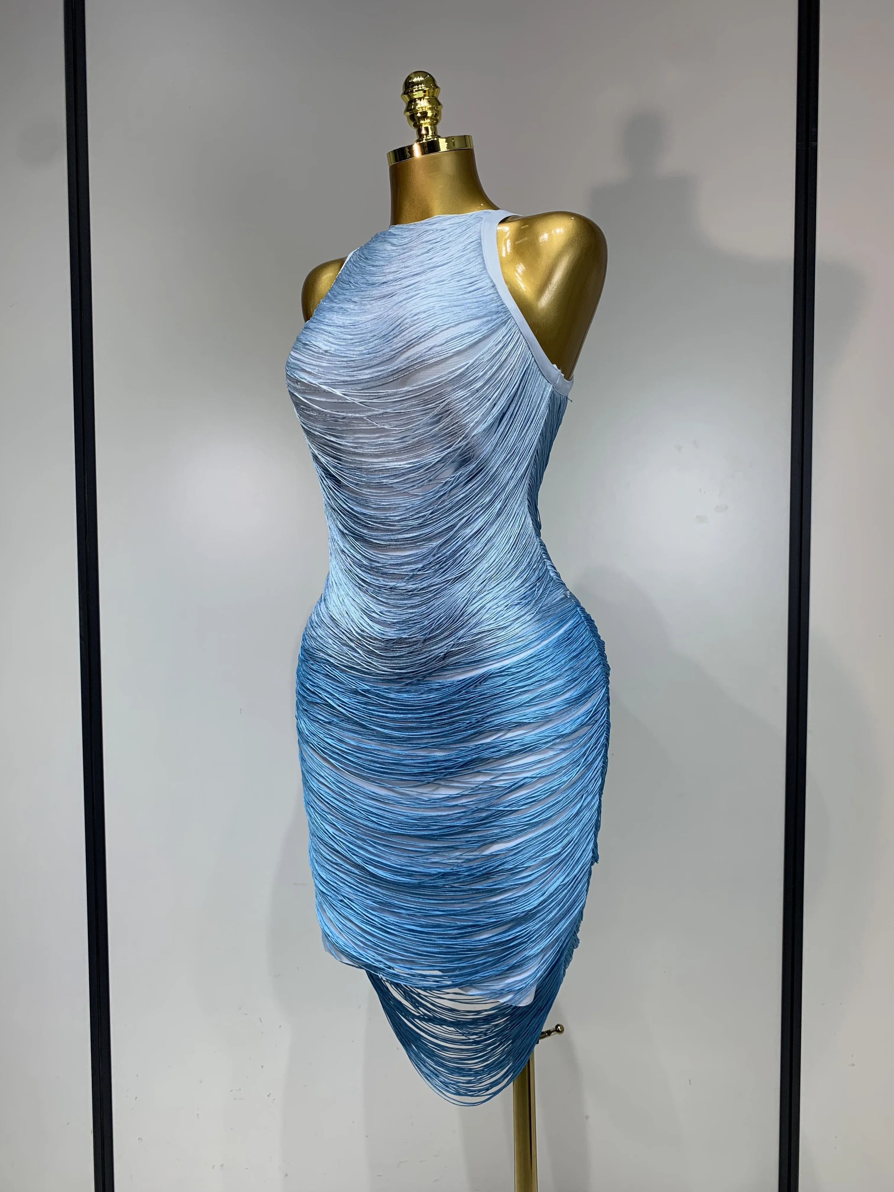 Women Sexy O Neck Sleeveless Gradient Tassel Mini Bodycon Bandage Dress Celebrity Elegant Evening Club Party Cocktail Dress