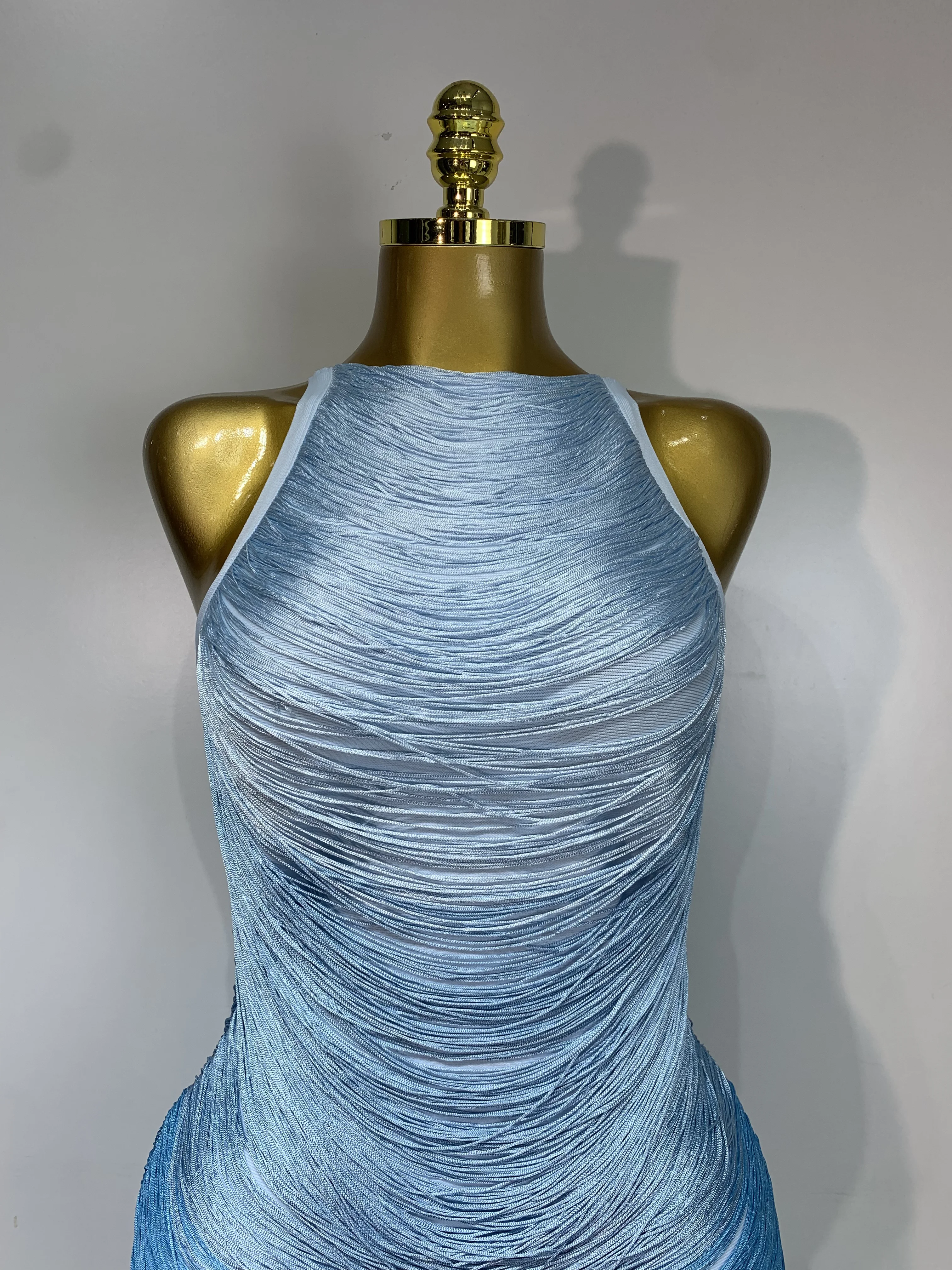 Women Sexy O Neck Sleeveless Gradient Tassel Mini Bodycon Bandage Dress Celebrity Elegant Evening Club Party Cocktail Dress