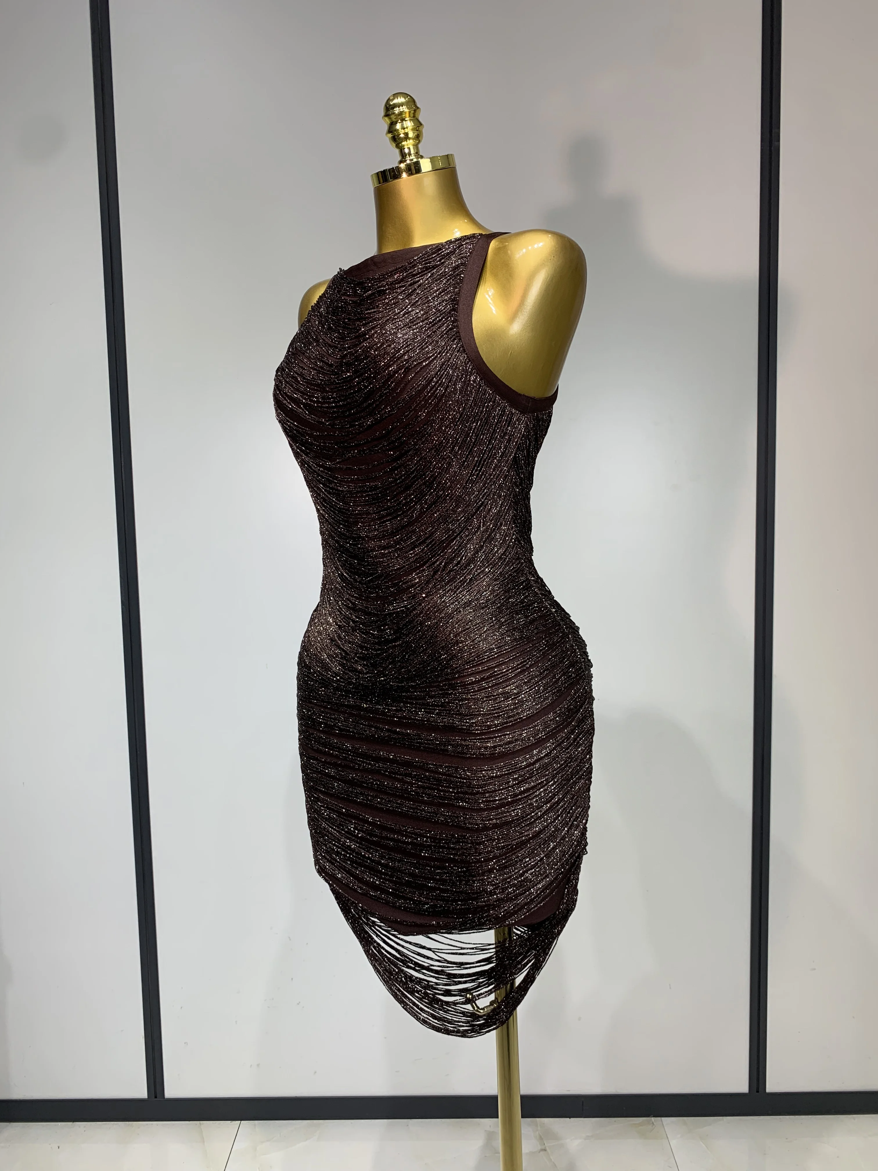 Women Sexy O Neck Sleeveless Gradient Tassel Mini Bodycon Bandage Dress Celebrity Elegant Evening Club Party Cocktail Dress