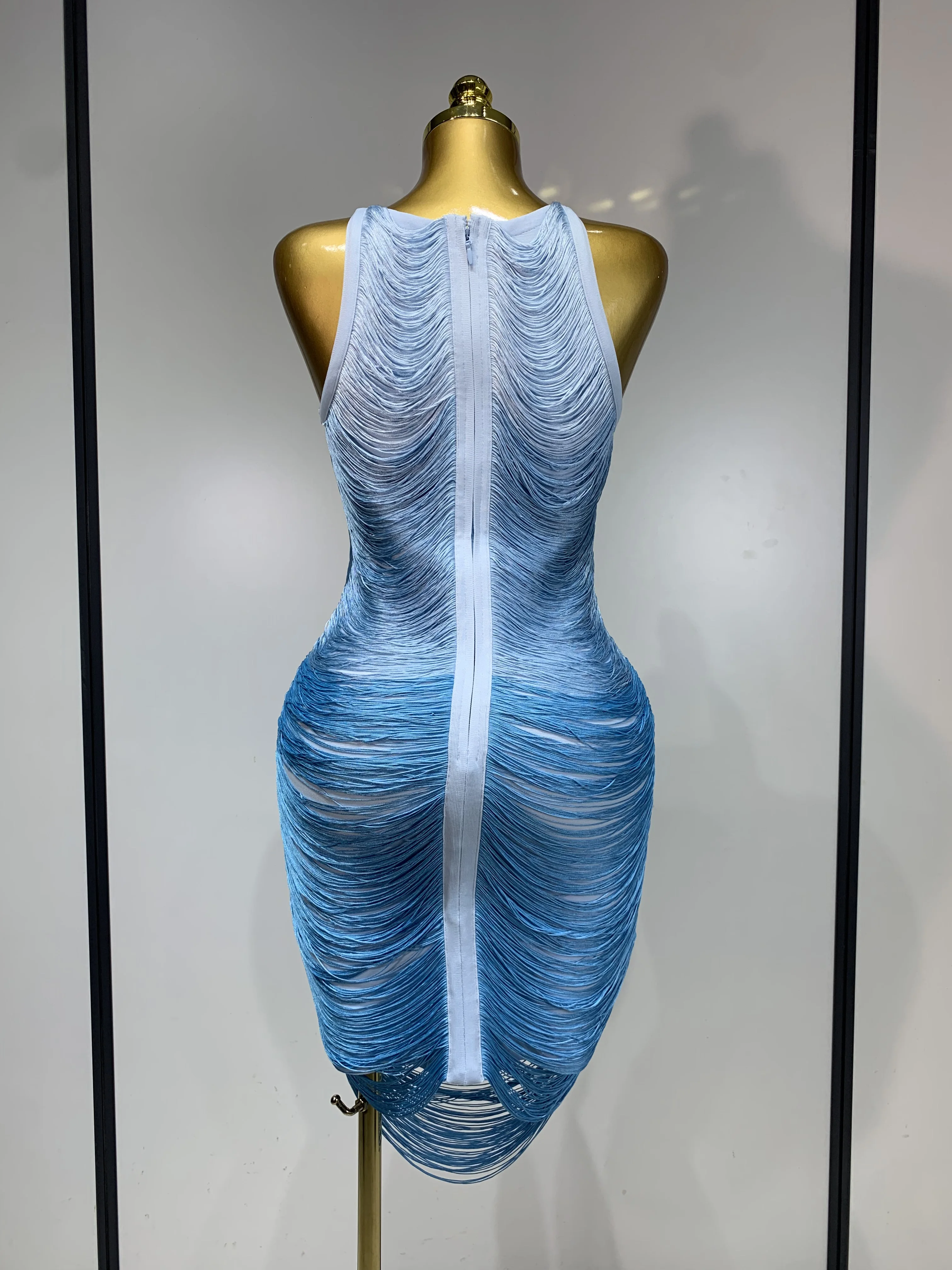 Women Sexy O Neck Sleeveless Gradient Tassel Mini Bodycon Bandage Dress Celebrity Elegant Evening Club Party Cocktail Dress