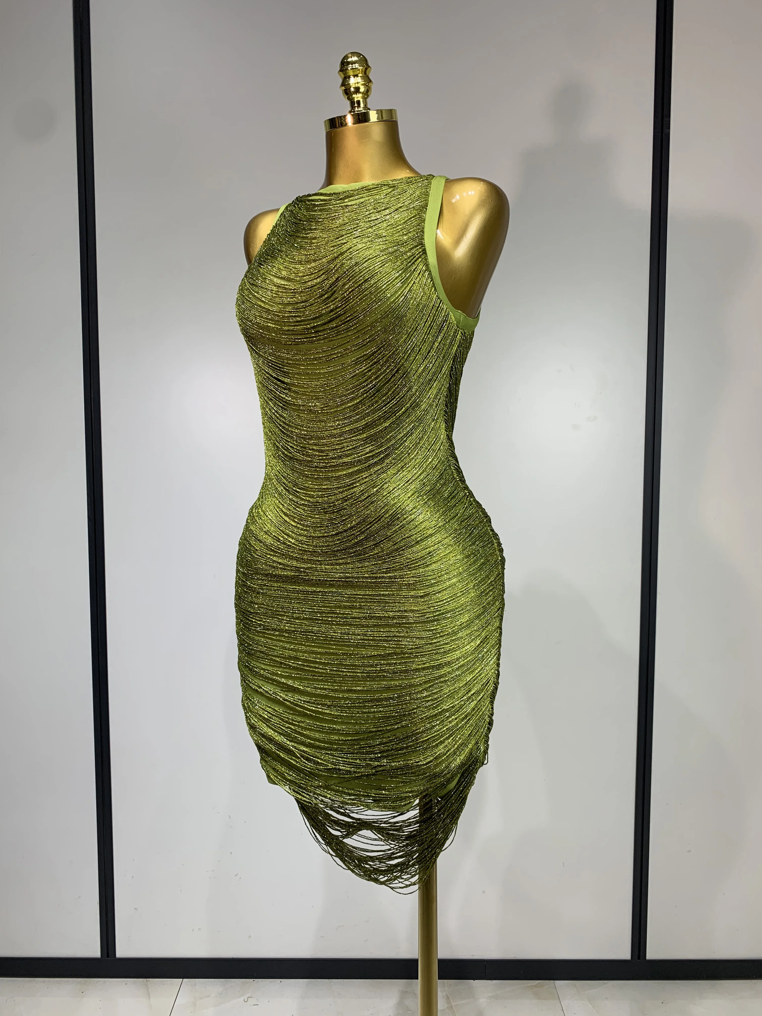 Women Sexy O Neck Sleeveless Gradient Tassel Mini Bodycon Bandage Dress Celebrity Elegant Evening Club Party Cocktail Dress