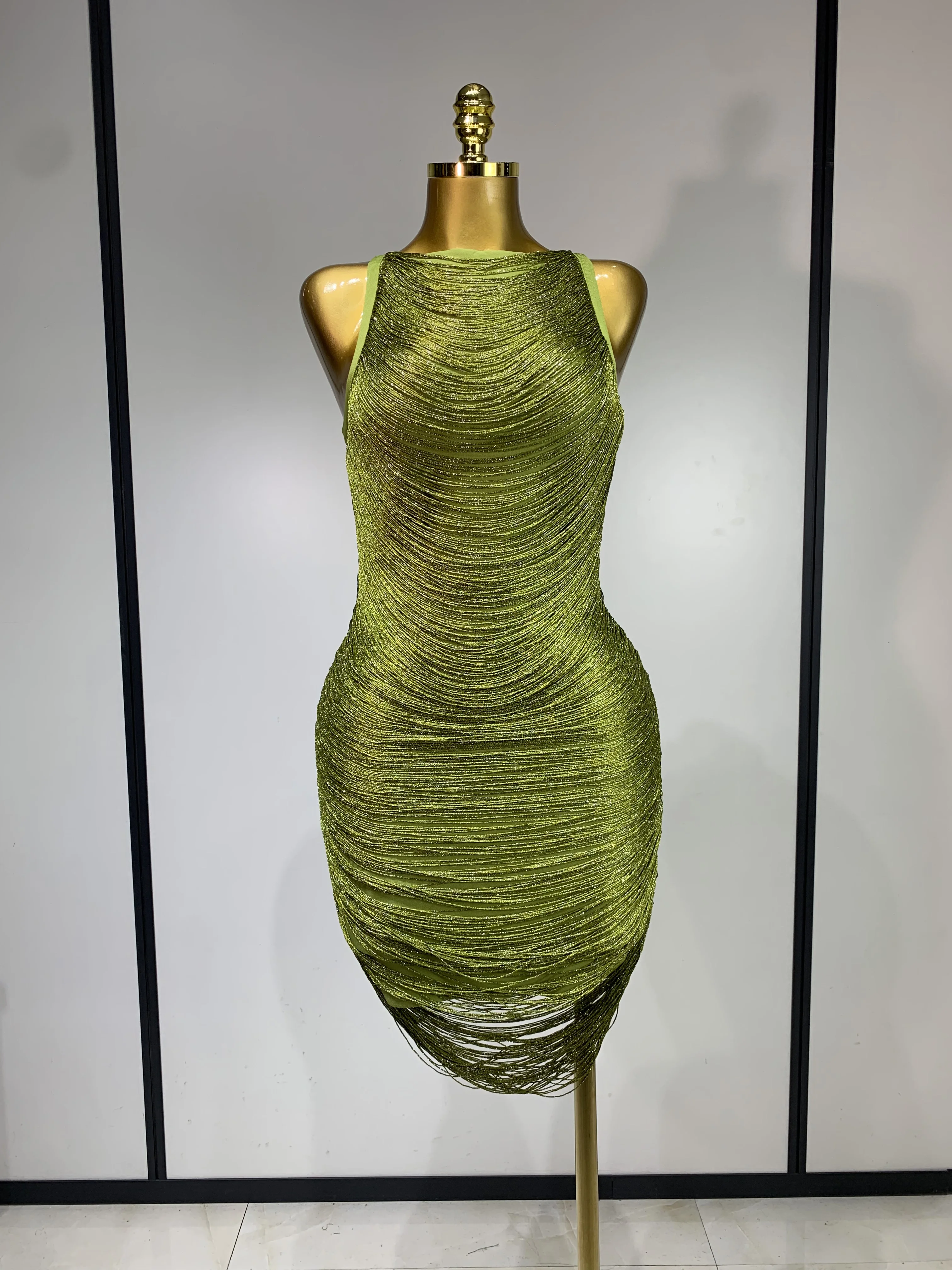 Women Sexy O Neck Sleeveless Gradient Tassel Mini Bodycon Bandage Dress Celebrity Elegant Evening Club Party Cocktail Dress