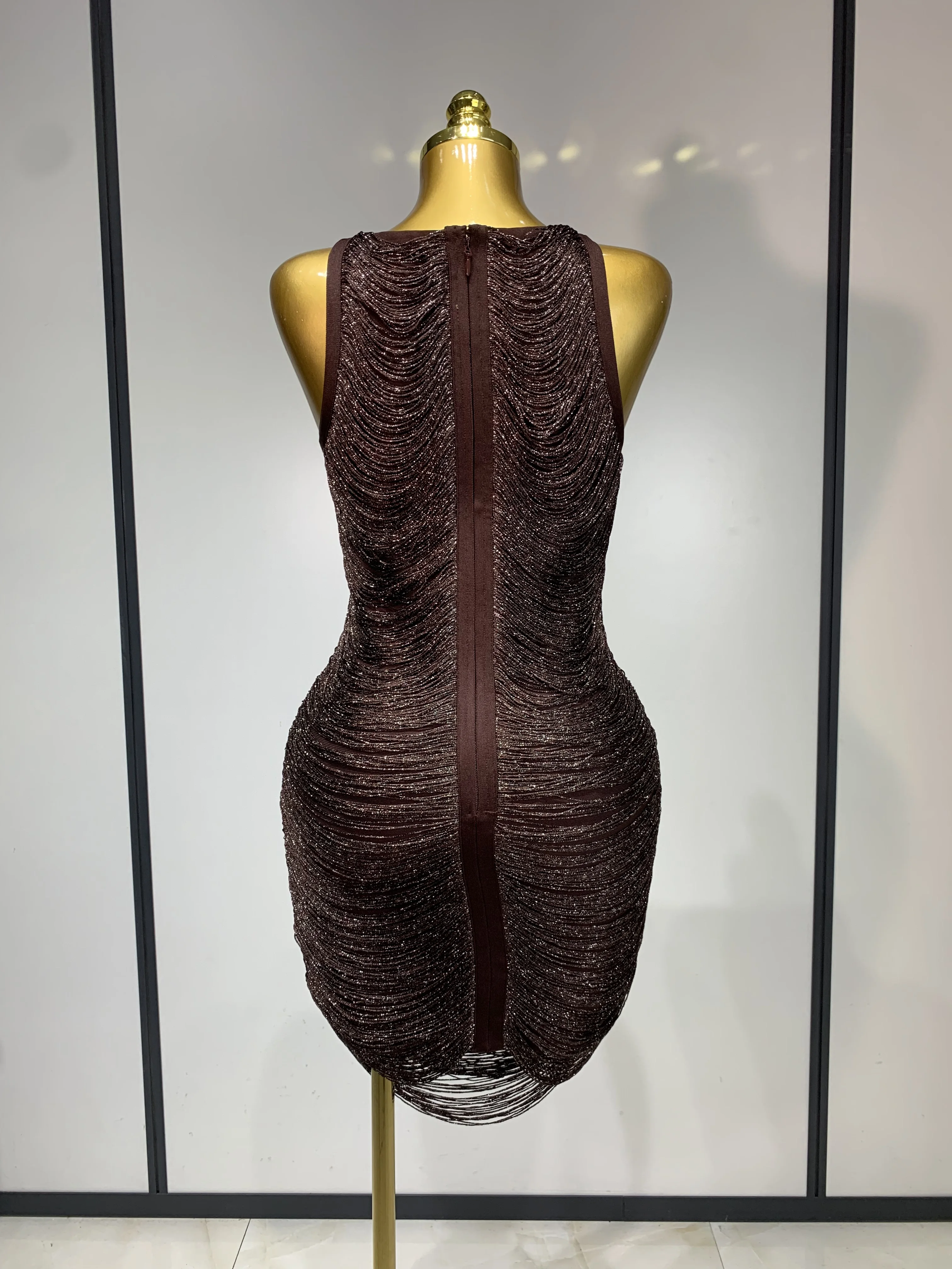 Women Sexy O Neck Sleeveless Gradient Tassel Mini Bodycon Bandage Dress Celebrity Elegant Evening Club Party Cocktail Dress