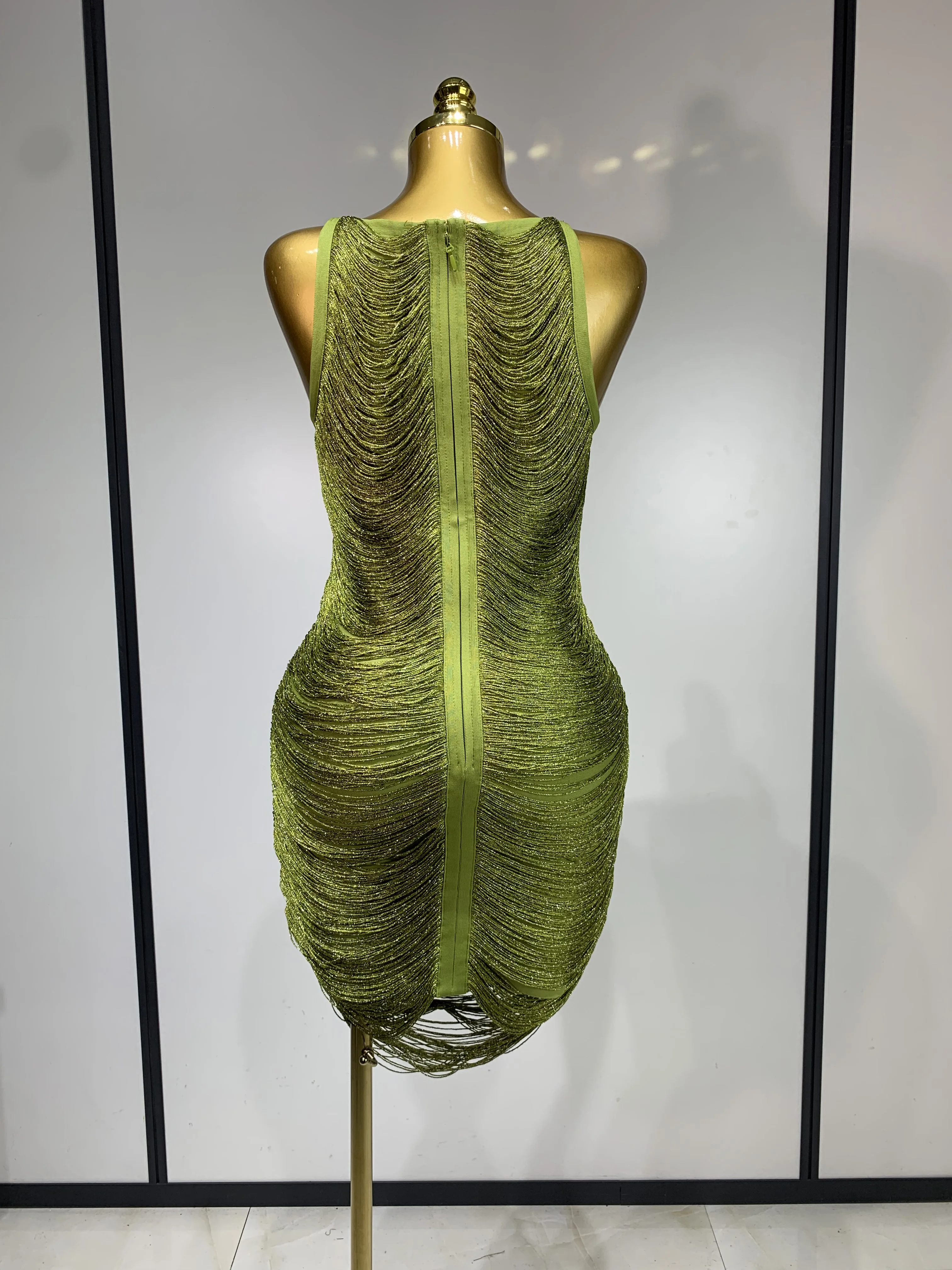 Women Sexy O Neck Sleeveless Gradient Tassel Mini Bodycon Bandage Dress Celebrity Elegant Evening Club Party Cocktail Dress