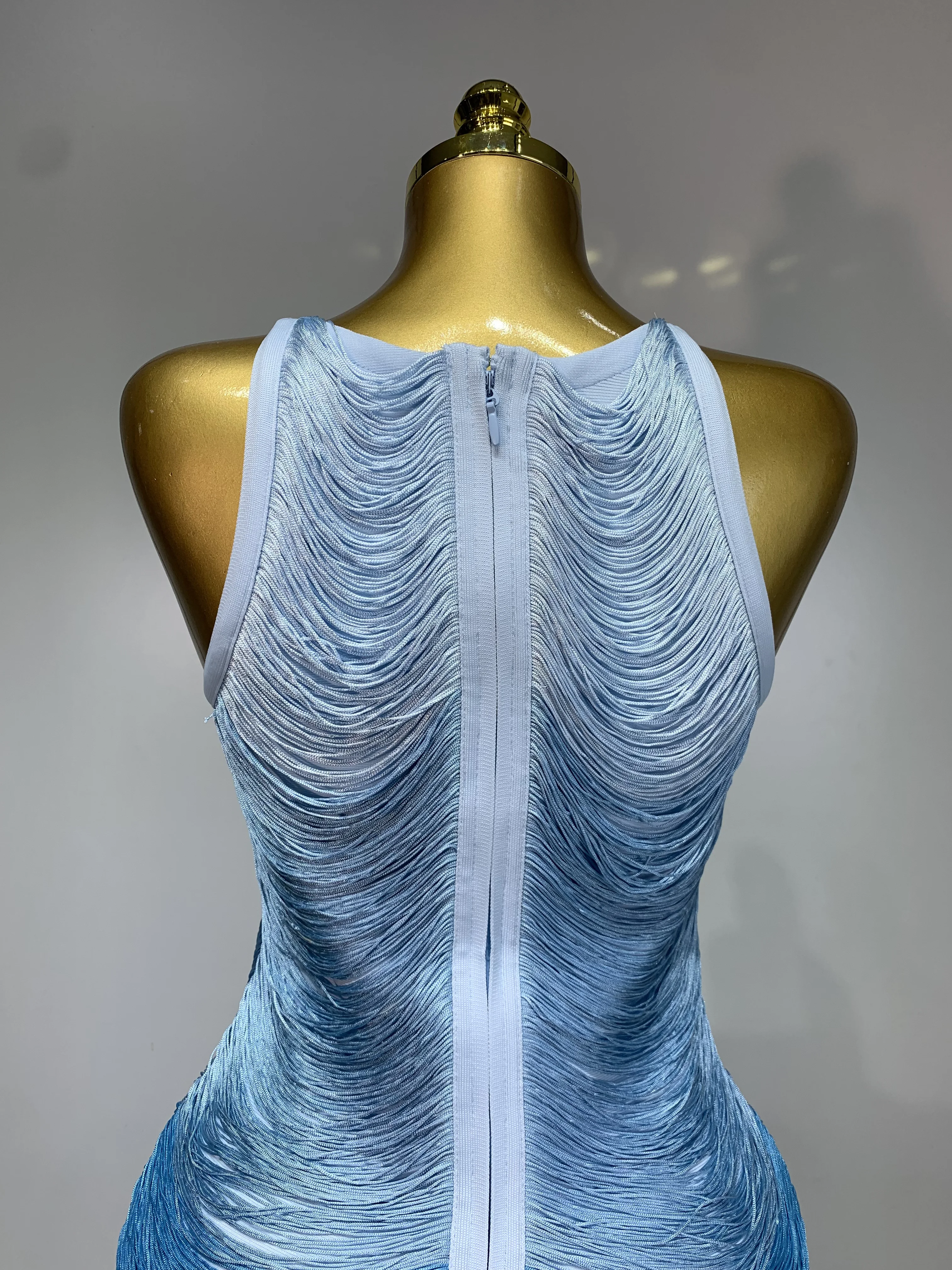 Women Sexy O Neck Sleeveless Gradient Tassel Mini Bodycon Bandage Dress Celebrity Elegant Evening Club Party Cocktail Dress