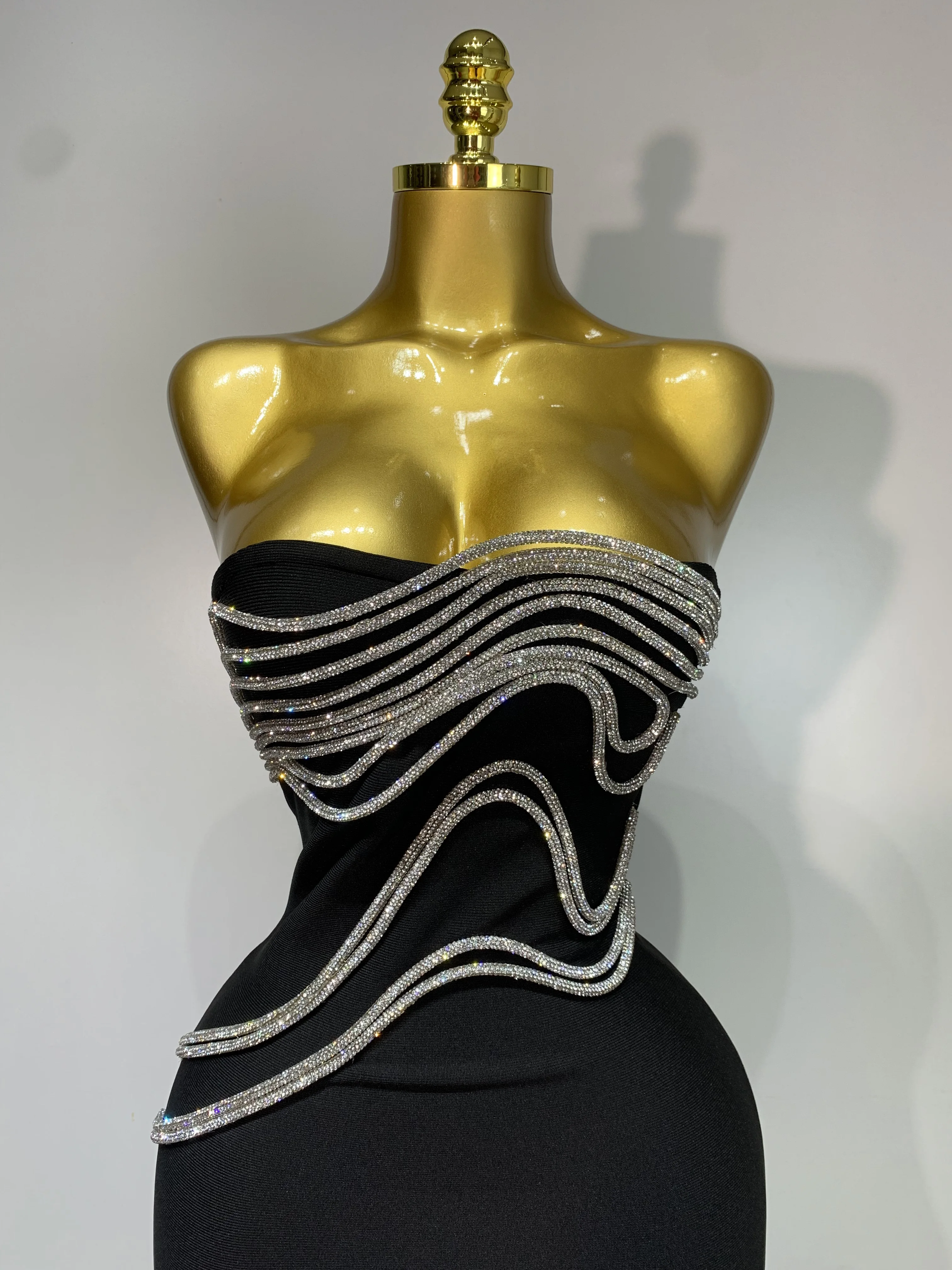 Women Sexy Strapless Diamond Lines Bodycon Bandage Long Dress Celebrity Red Carpet Dress Elegant Evening Birthday Party Dresses