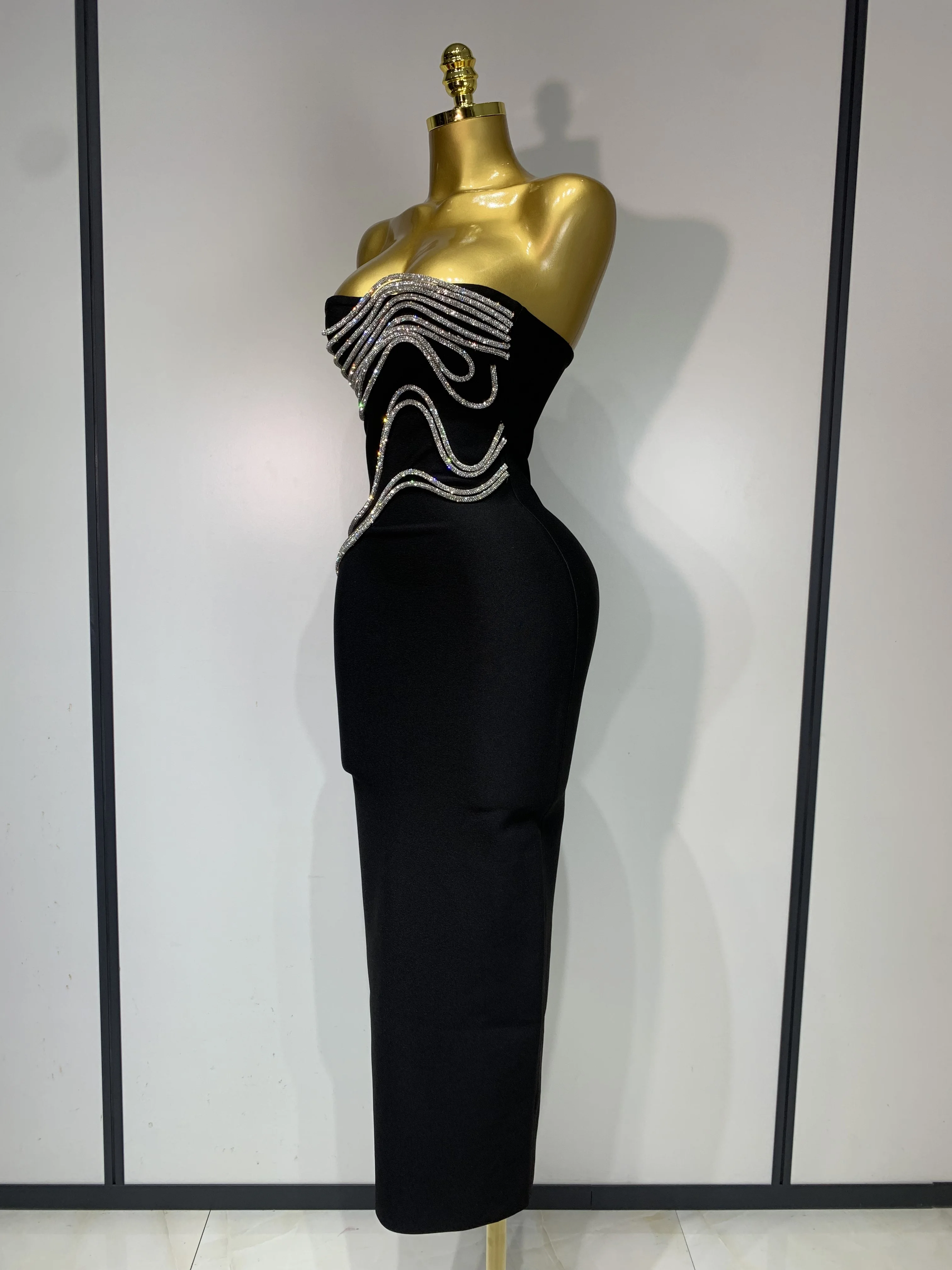 Women Sexy Strapless Diamond Lines Bodycon Bandage Long Dress Celebrity Red Carpet Dress Elegant Evening Birthday Party Dresses