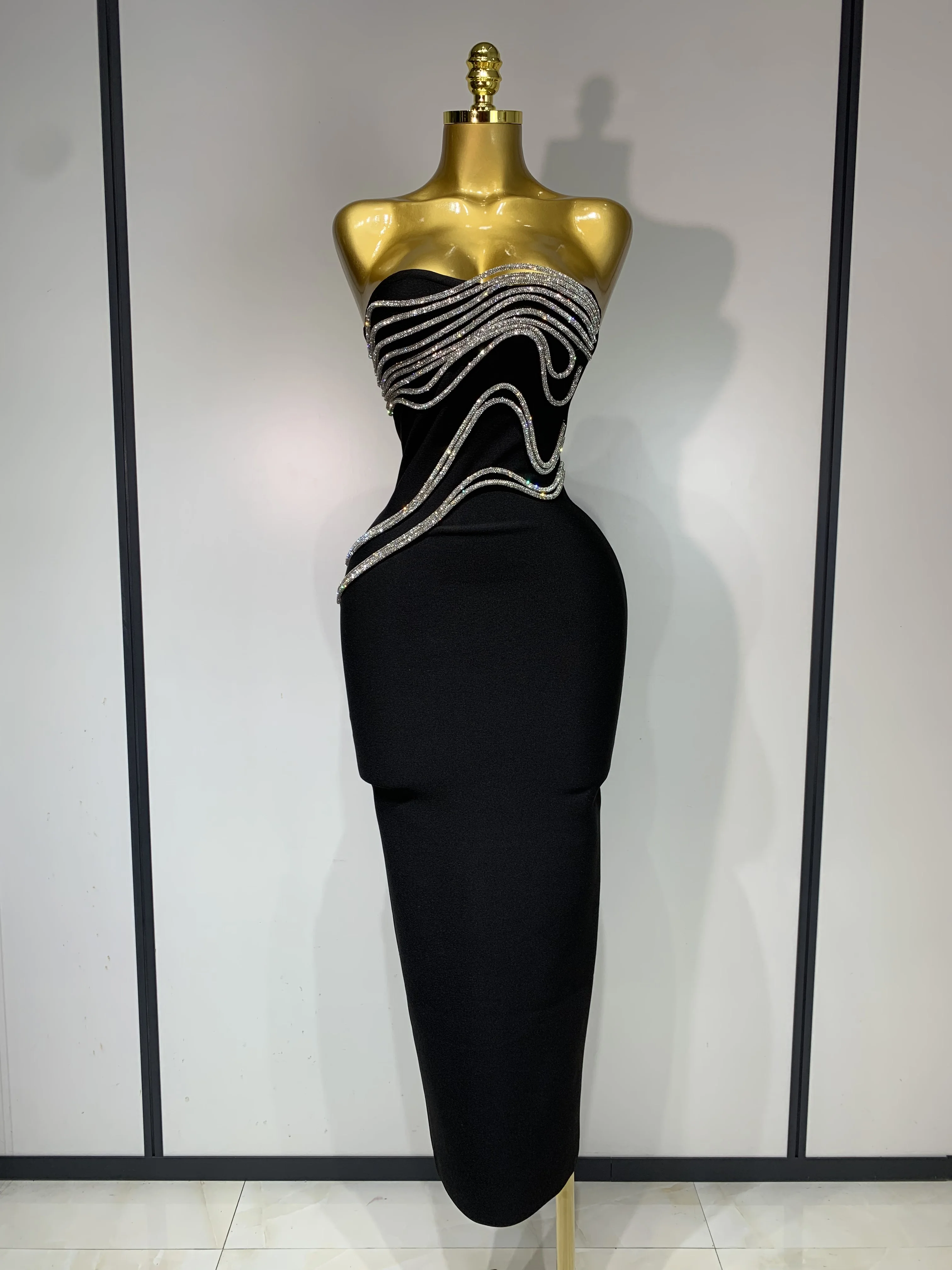 Women Sexy Strapless Diamond Lines Bodycon Bandage Long Dress Celebrity Red Carpet Dress Elegant Evening Birthday Party Dresses
