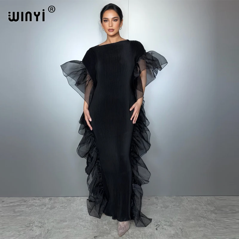 WINYI Solid Color Pleated Elastic Slim Dress Beach Wear Kaftan Abaya Dubai Luxury Party Dress Evening Dress Abaya Muslim Woman