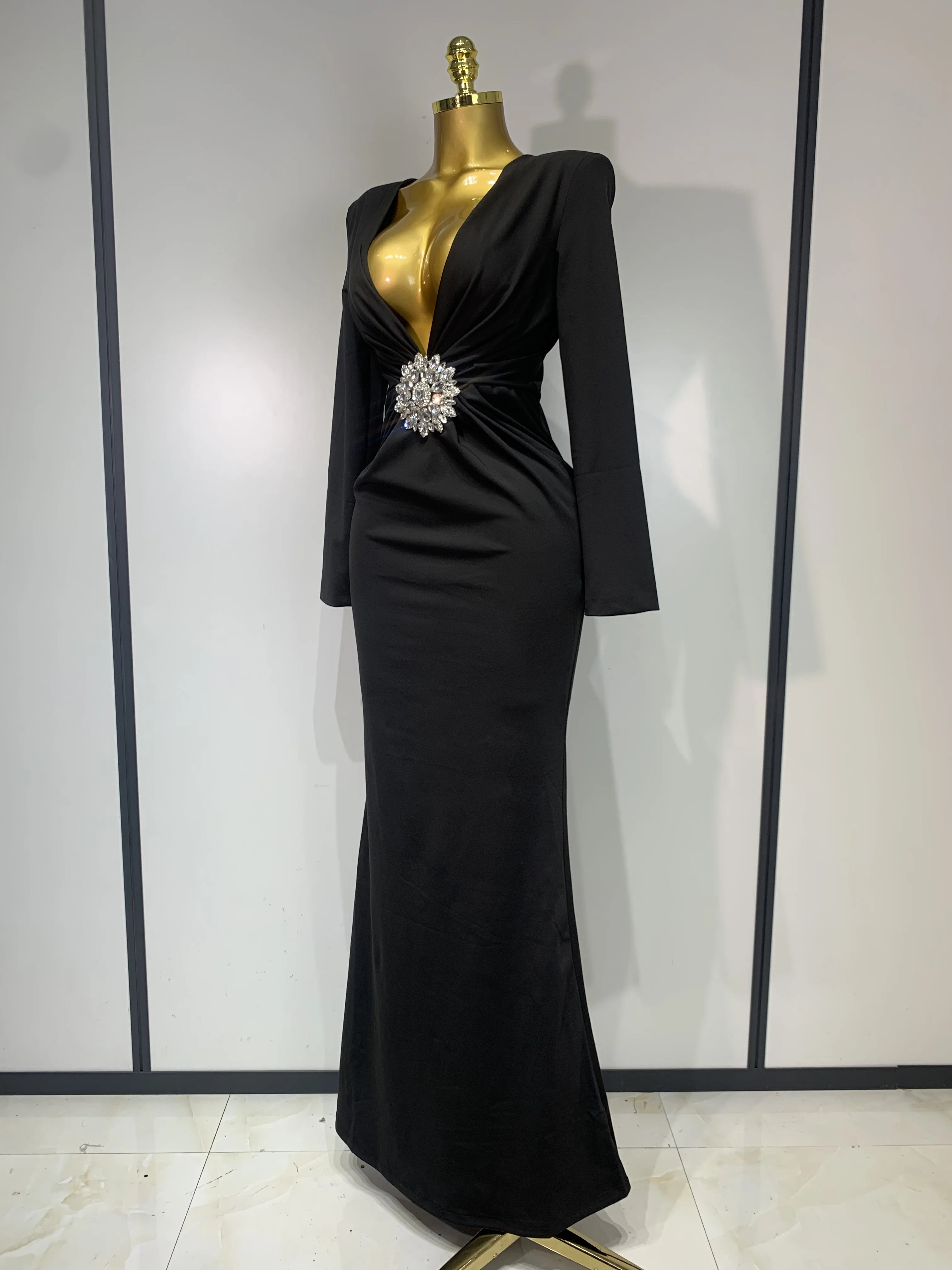 Women Long Sleeve Deep V-Neck Bodycon Long Dress Elegant Evening Party Club Celebrate Cocktail Outfit Luxuru Birthday Dress