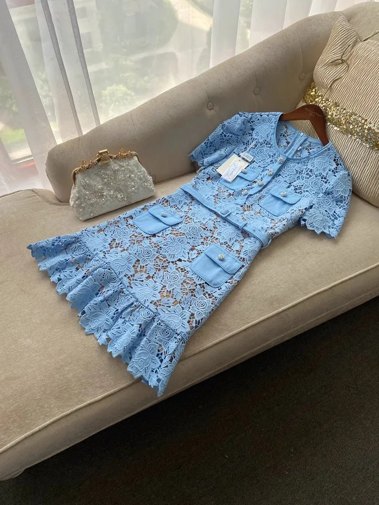 Blue Lace Dress Women Summer with Belt Short Sleeve Streetwear Clothing Lady Hollow Out Runway Design Vestidos Bodycon