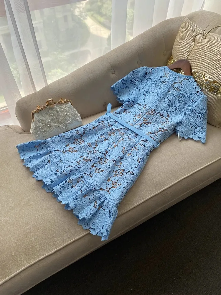 Blue Lace Dress Women Summer with Belt Short Sleeve Streetwear Clothing Lady Hollow Out Runway Design Vestidos Bodycon