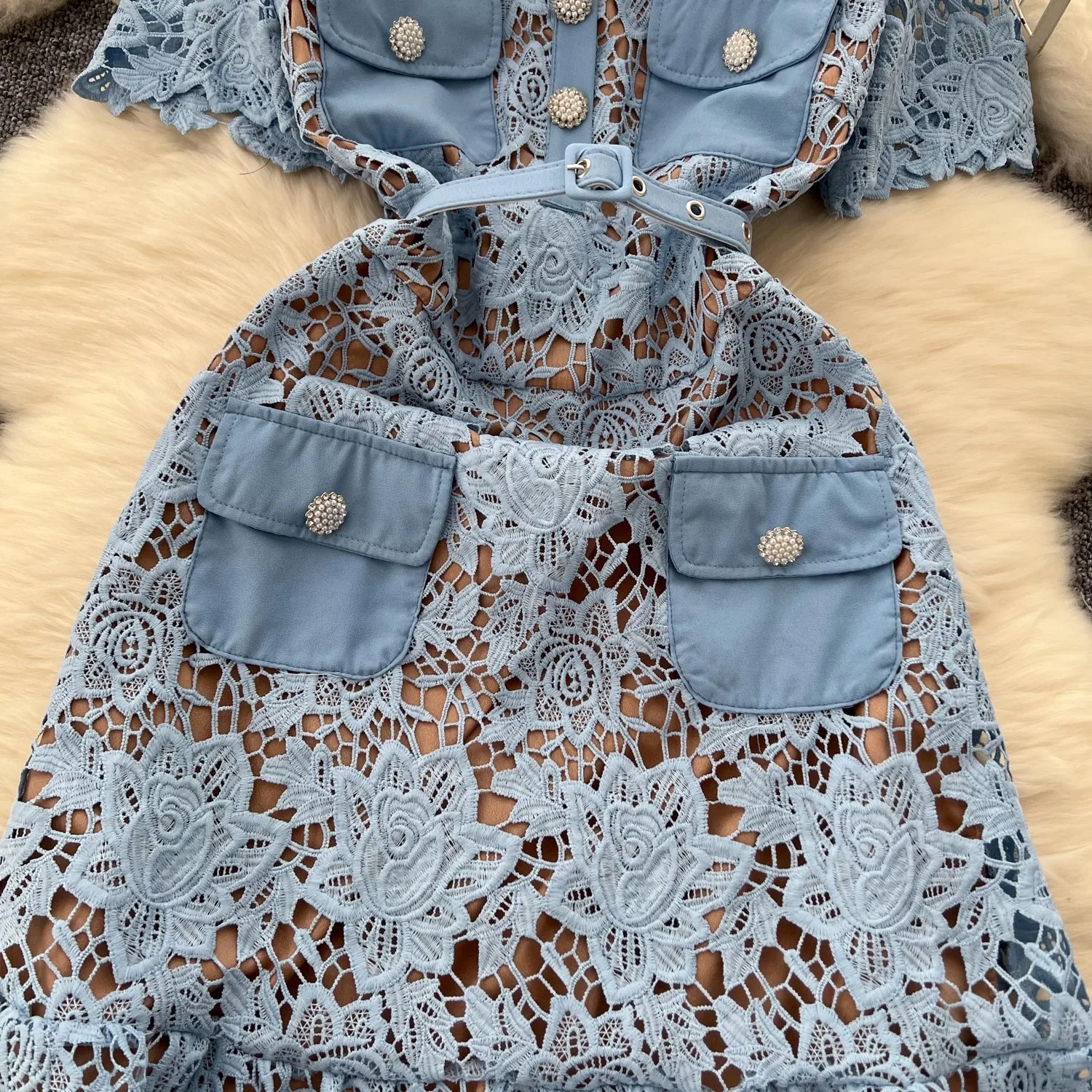 Blue Lace Dress Women Summer with Belt Short Sleeve Streetwear Clothing Lady Hollow Out Runway Design Vestidos Bodycon