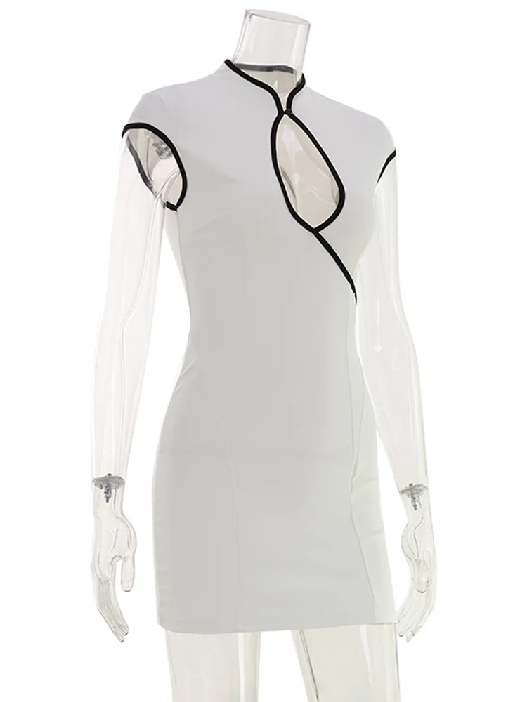 Huhugirl Mini Dresses Fashion Color Block Hollow Out Sleeveless Sheath Slim Bodycon Club Street Style Designed For Women Casual