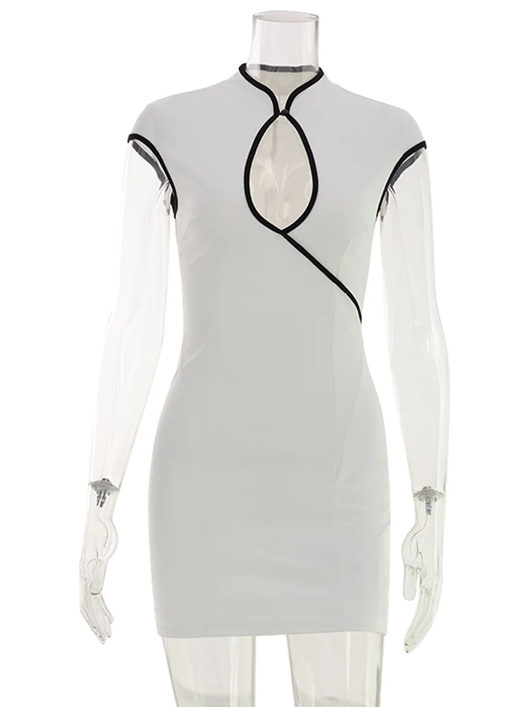 Huhugirl Mini Dresses Fashion Color Block Hollow Out Sleeveless Sheath Slim Bodycon Club Street Style Designed For Women Casual