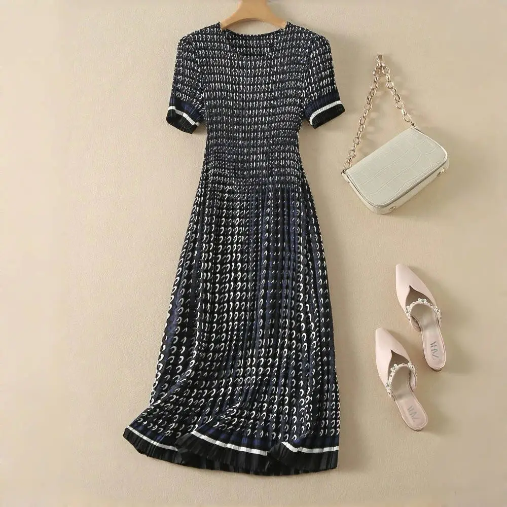 Pleated dress, women's waist collection, short sleeved floral long skirt, elegant 2024 summer new style DRESS