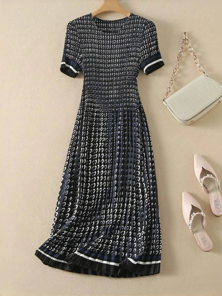 Pleated dress, women's waist collection, short sleeved floral long skirt, elegant 2024 summer new style DRESS