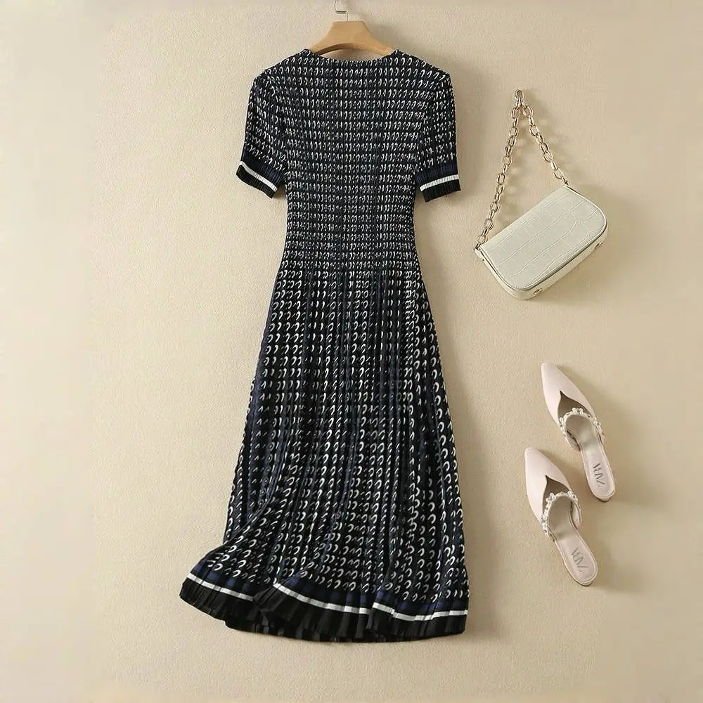 Pleated dress, women's waist collection, short sleeved floral long skirt, elegant 2024 summer new style DRESS