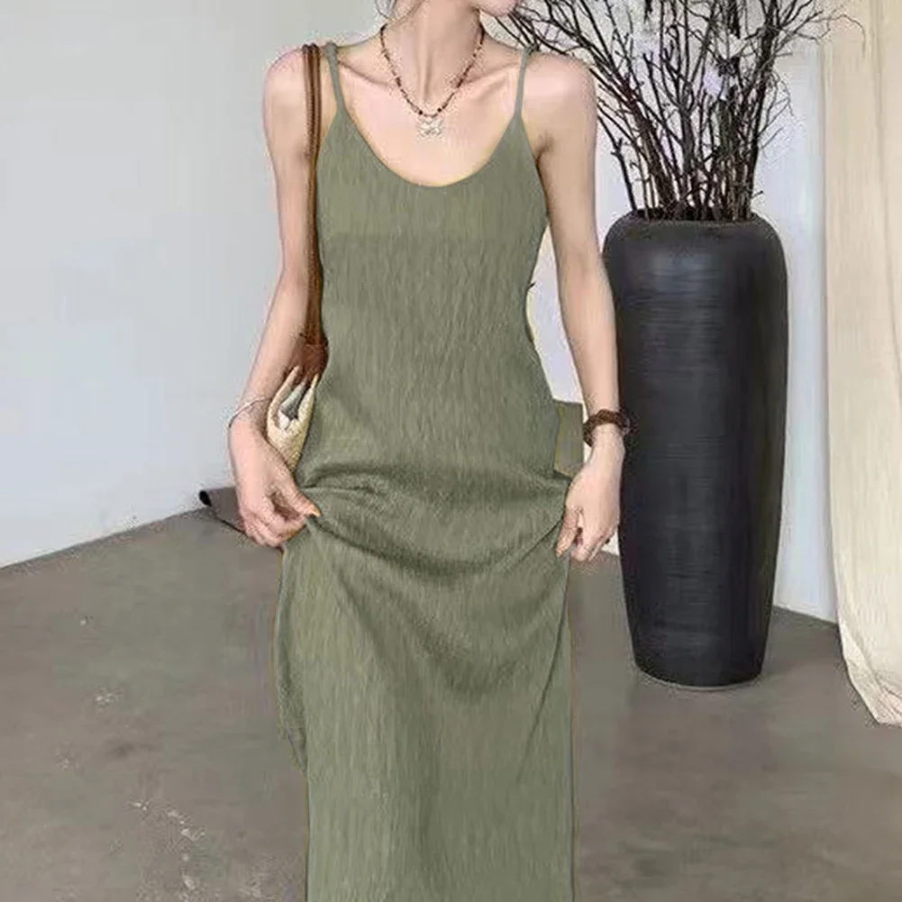 Women's Loose Sleeveless Suspender Dress With A-Line Shape Slim Folds And Ankle-Length Skirt Designed For Beach And Daily Wear