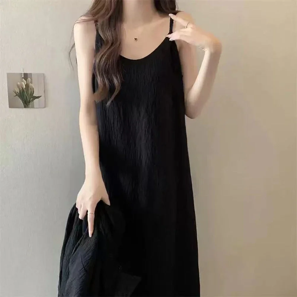 Women's Loose Sleeveless Suspender Dress With A-Line Shape Slim Folds And Ankle-Length Skirt Designed For Beach And Daily Wear
