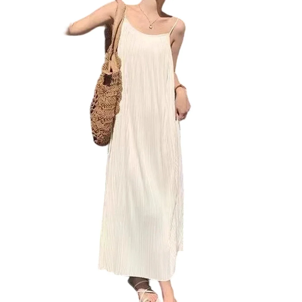 Women's Loose Sleeveless Suspender Dress With A-Line Shape Slim Folds And Ankle-Length Skirt Designed For Beach And Daily Wear