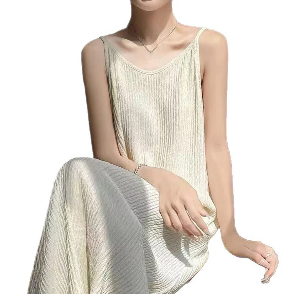 Women's Loose Sleeveless Suspender Dress With A-Line Shape Slim Folds And Ankle-Length Skirt Designed For Beach And Daily Wear