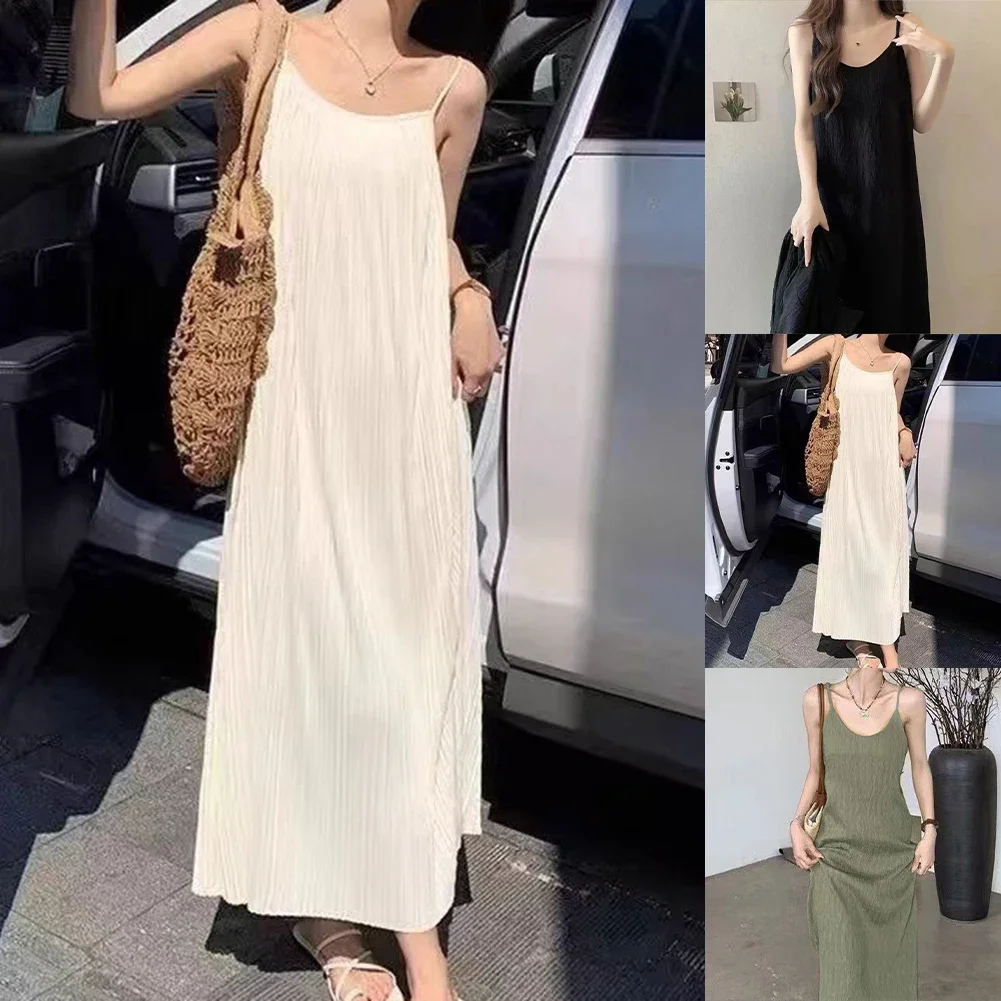 Women's Loose Sleeveless Suspender Dress With A-Line Shape Slim Folds And Ankle-Length Skirt Designed For Beach And Daily Wear