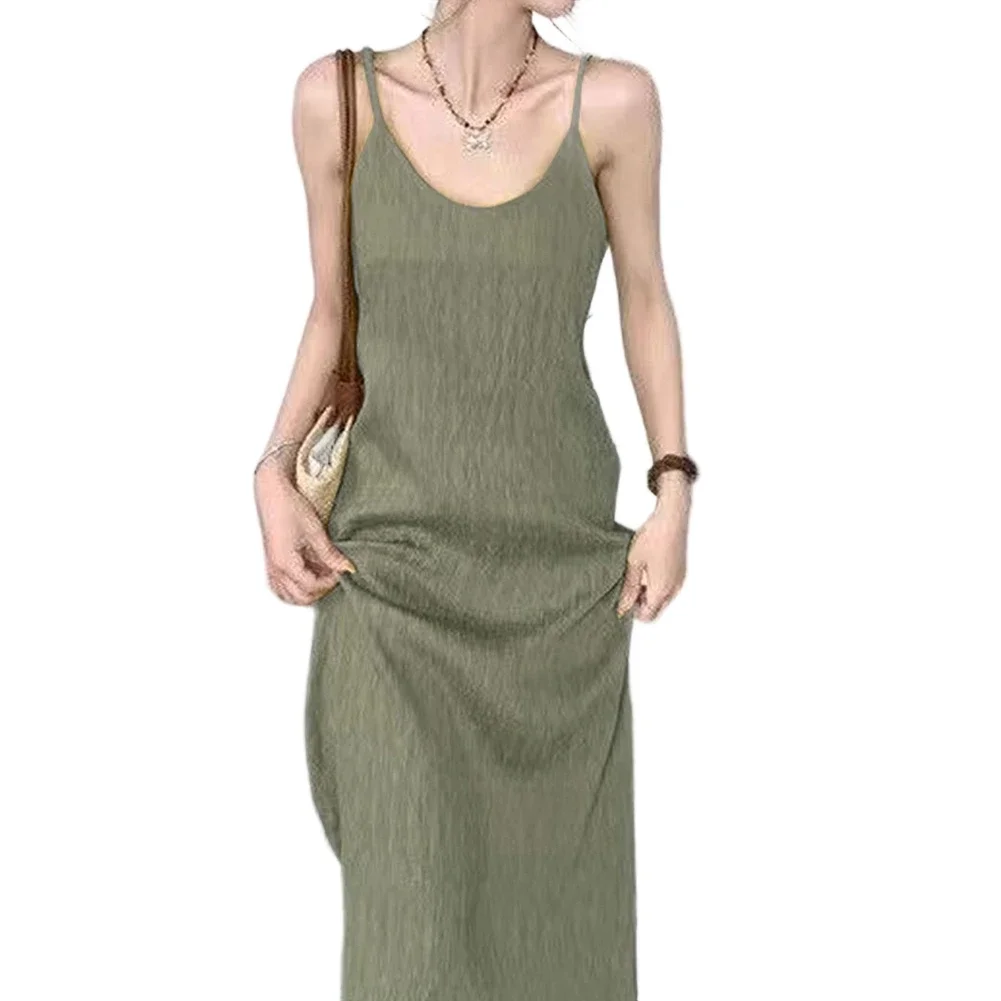 Women's Loose Sleeveless Suspender Dress With A-Line Shape Slim Folds And Ankle-Length Skirt Designed For Beach And Daily Wear