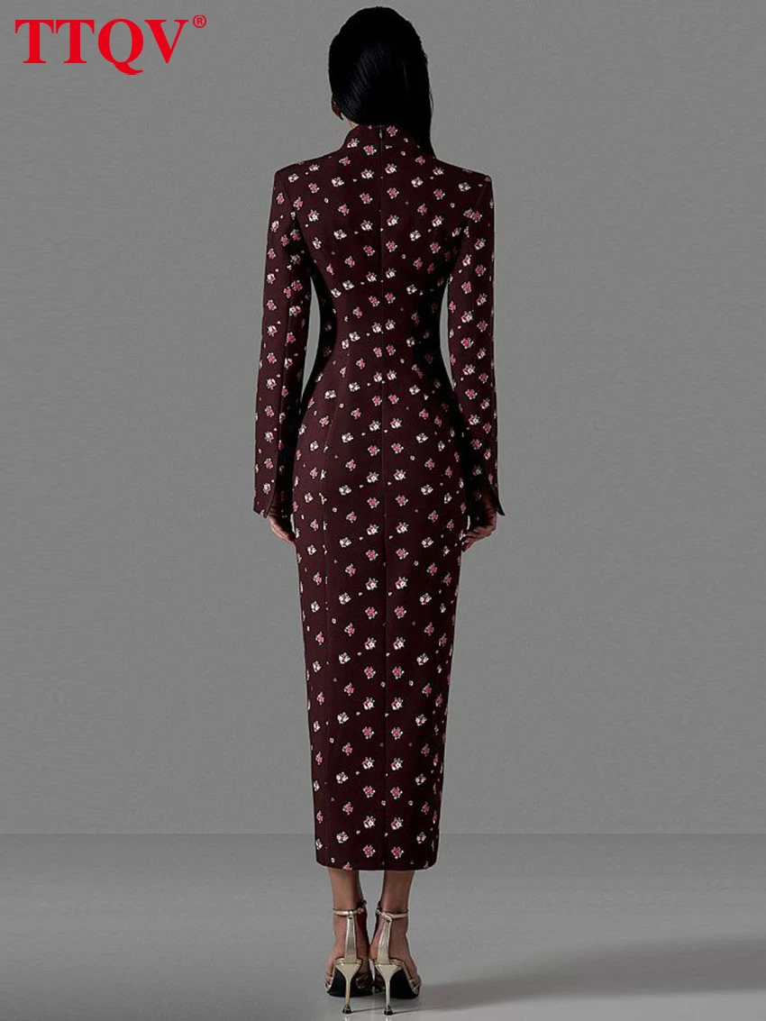 TTQV Fashion Slim Print Women's Dress 2026 Vintage Stand Collar Long Sleeve Midi Dresses Elegant Classic Slit Femlae Dress