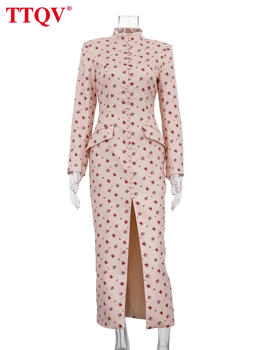 TTQV Fashion Slim Print Women's Dress 2026 Vintage Stand Collar Long Sleeve Midi Dresses Elegant Classic Slit Femlae Dress