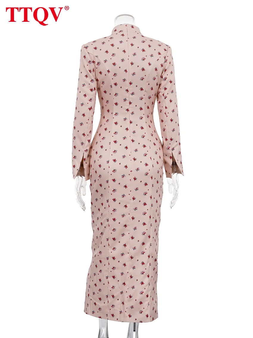 TTQV Fashion Slim Print Women's Dress 2026 Vintage Stand Collar Long Sleeve Midi Dresses Elegant Classic Slit Femlae Dress